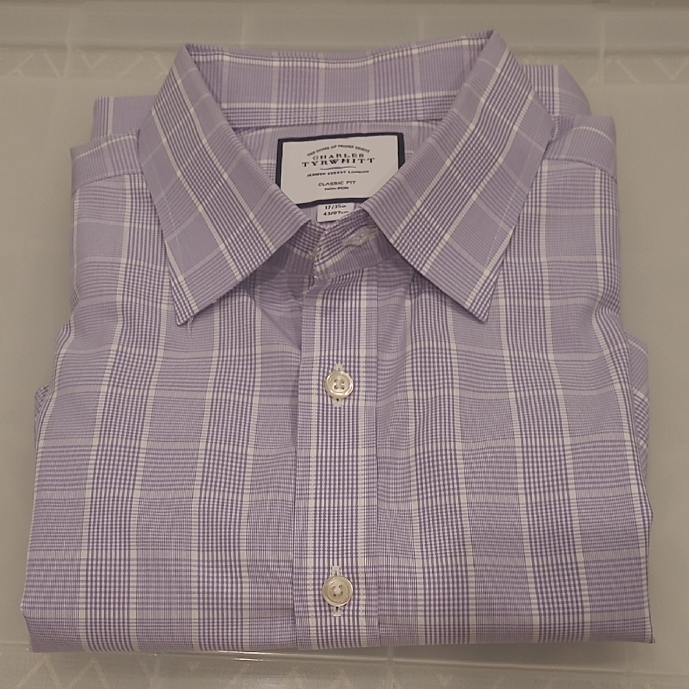 Charles Tyrwhitt Purple and White Dress Shirt with Windowpane Pattern - Picture 3 of 4